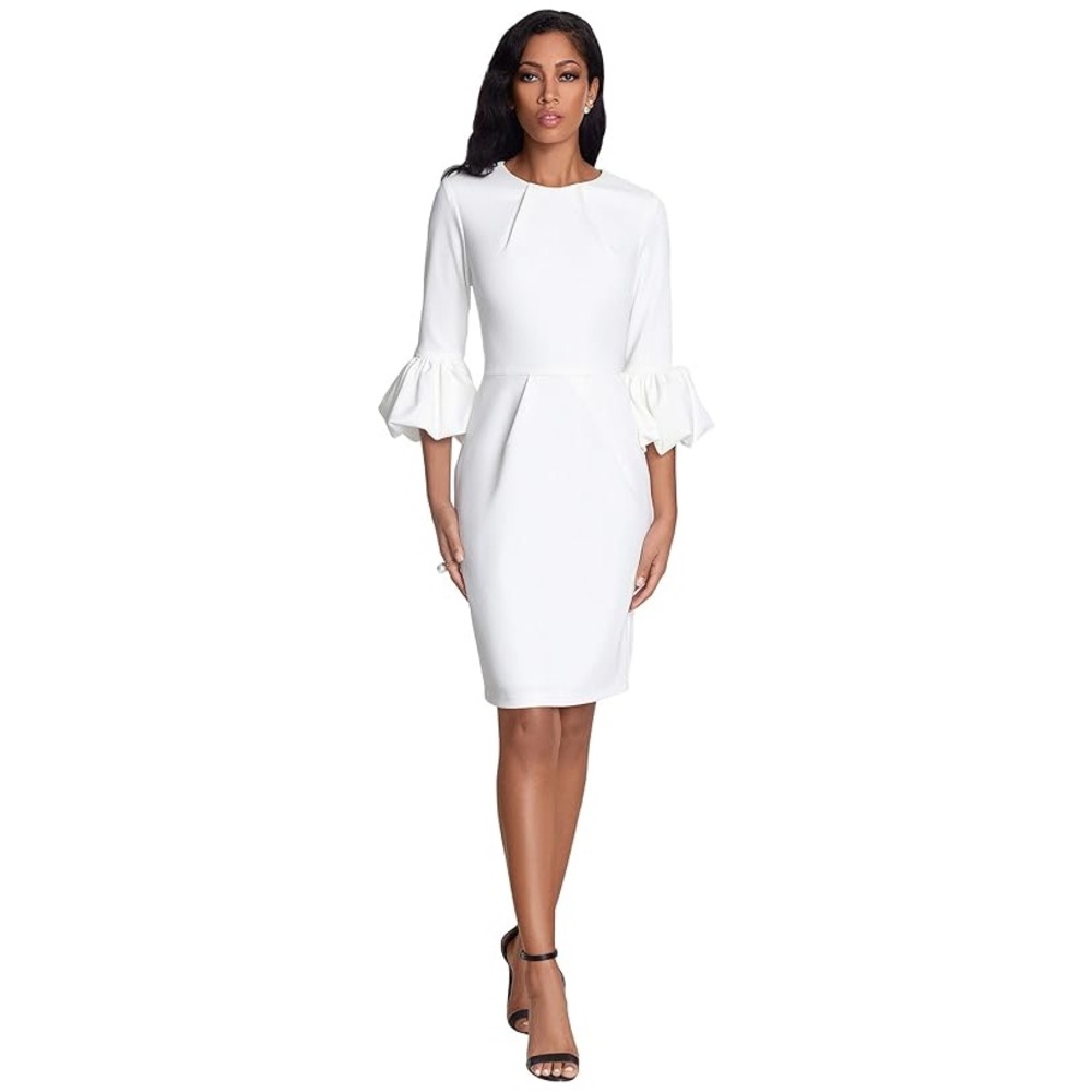 Betsy & Adam White Puff Sleeve Sheath Dress Size 6 NWT Bridal Shower LWD